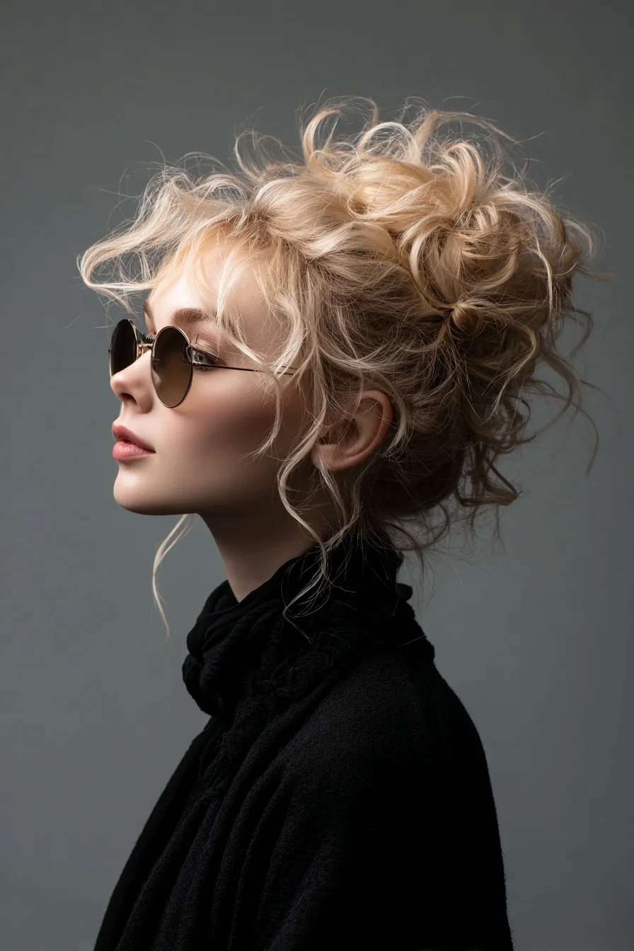 Textured Curly Messy Bun with Face‑Framing Tendrils