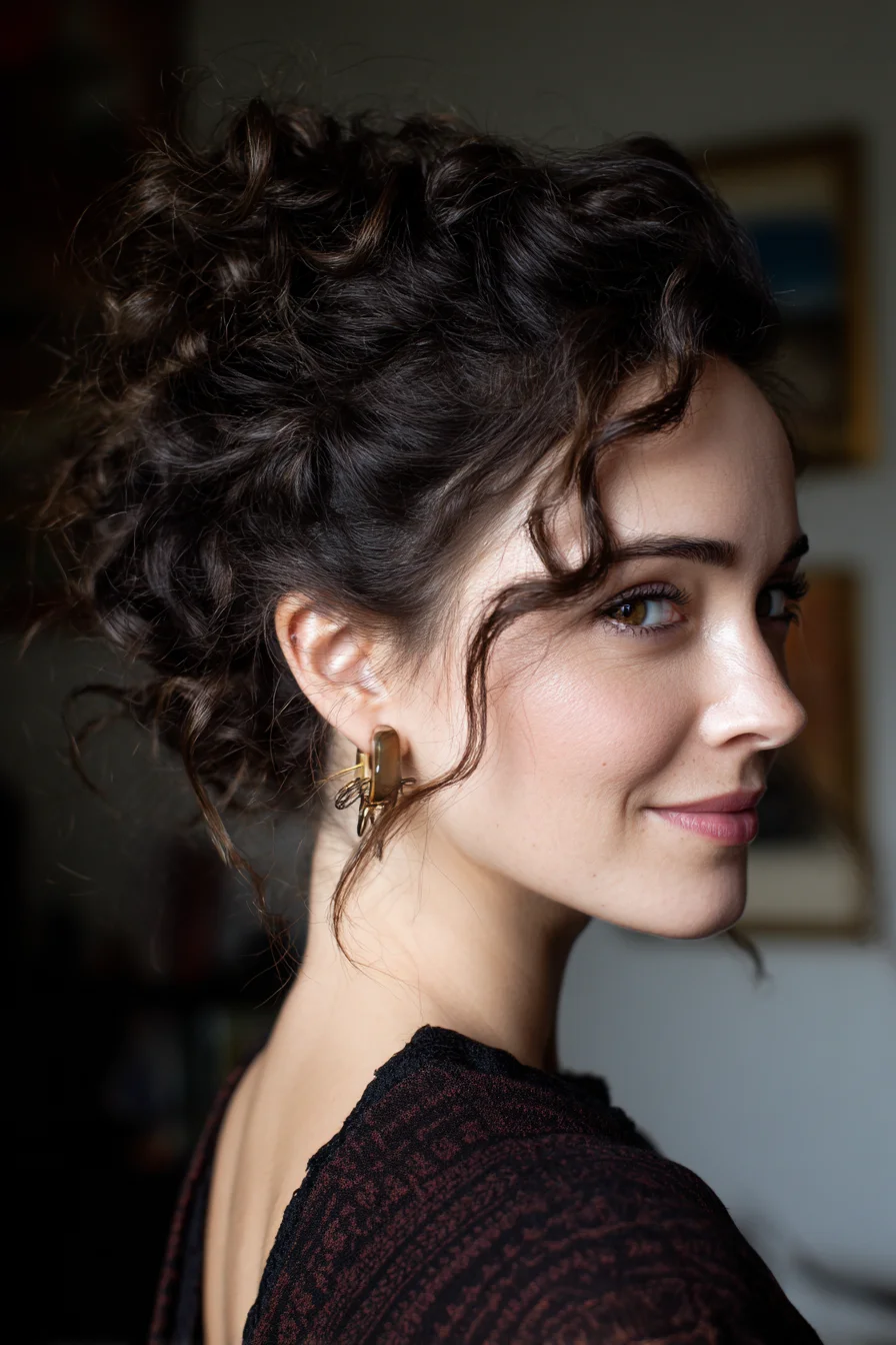 Textured Curly Updo with Face‑Framing Tendrils