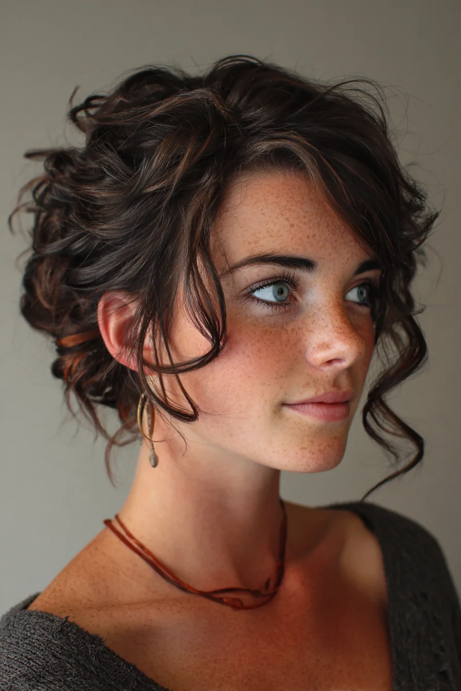 Textured Curly Updo with Face‑Framing Tendrils