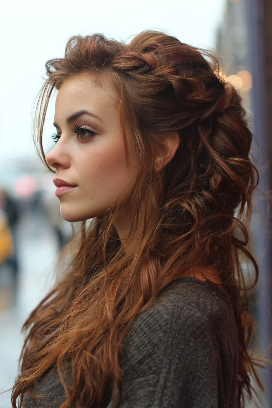 Textured Half‑Up Braided Crown with Loose Waves
