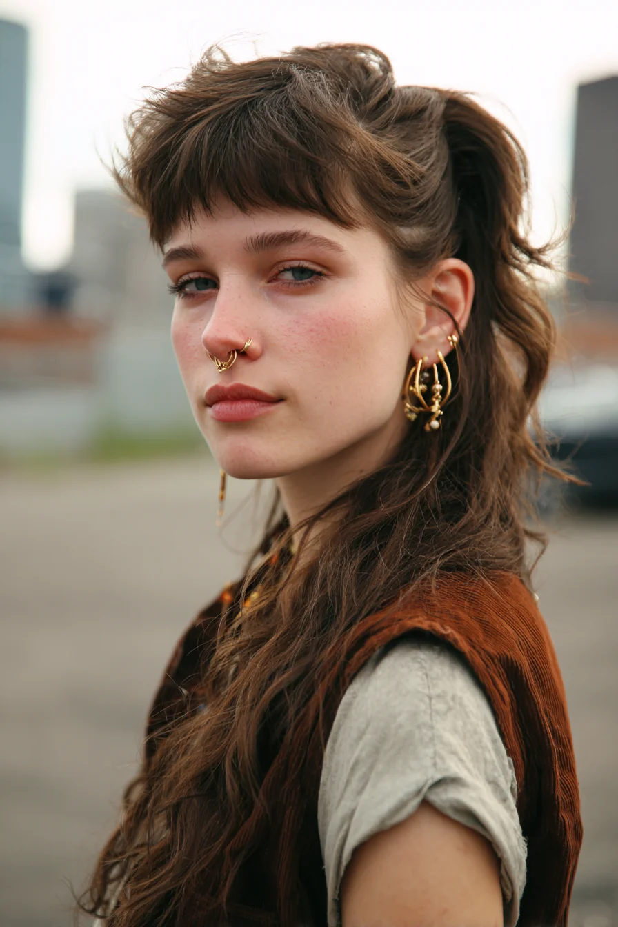 Textured Half-Up Pony with Micro Bangs — Wavy Long Layers