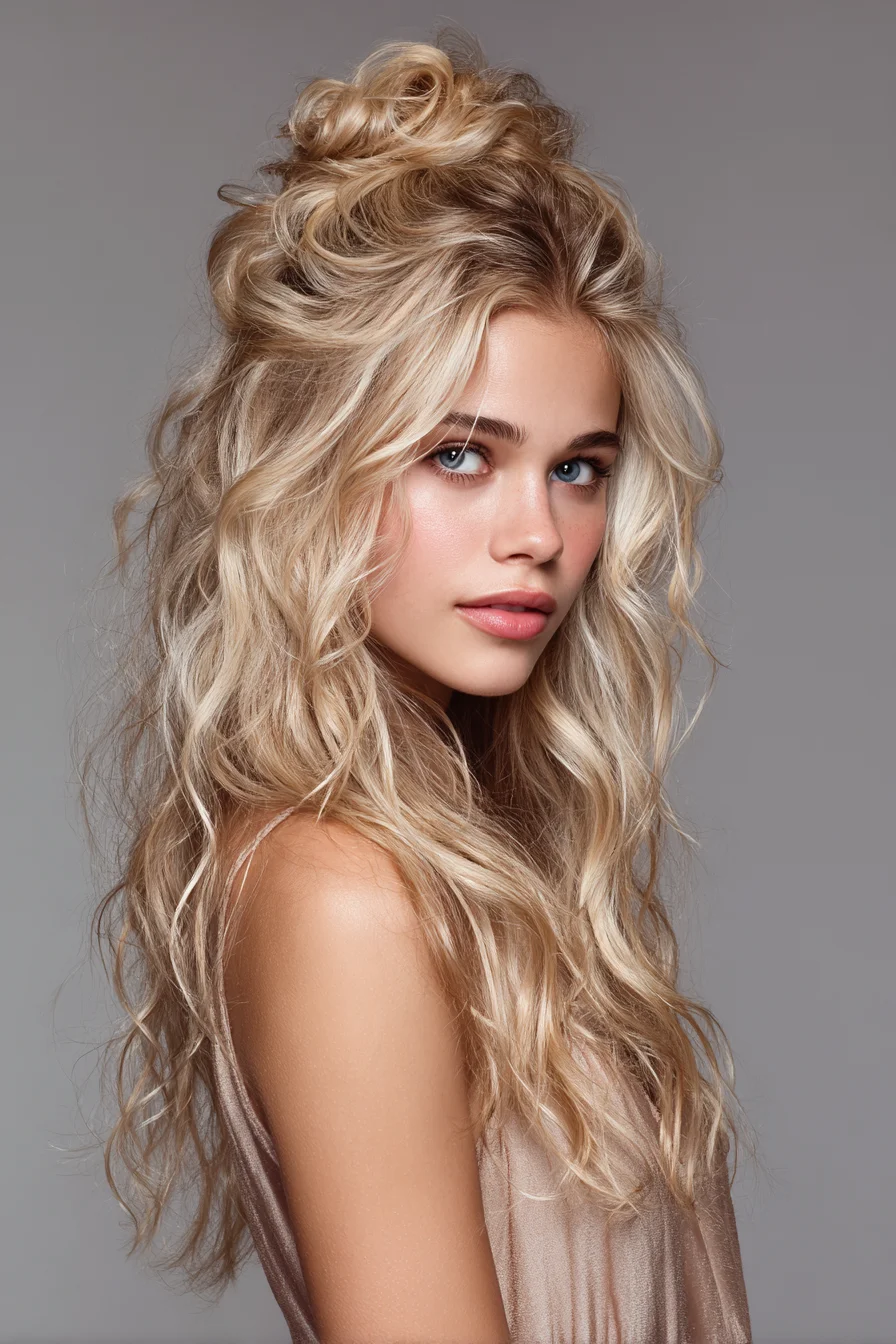 Textured Half‑Up Top Knot with Loose Beachy Waves