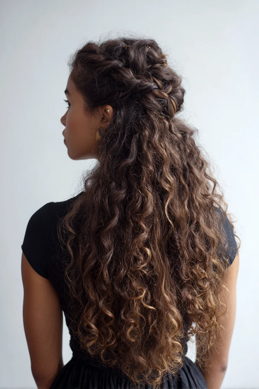 Textured Half-Up Twisted Crown for Long Curly Hair