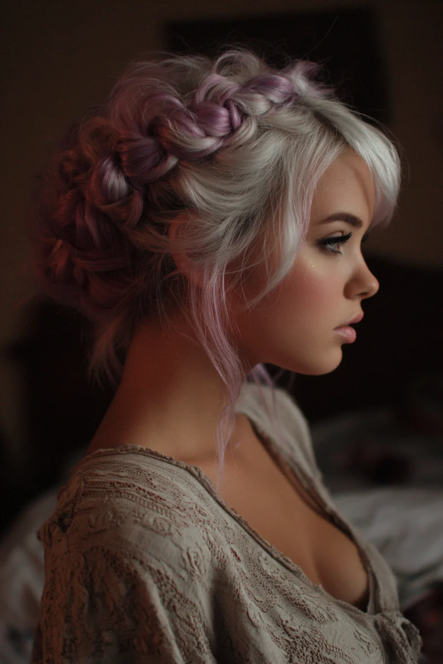 Textured Halo Dutch Braid Updo for Pastel Silver–Lavender Hair