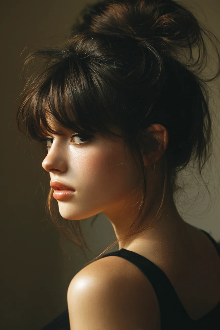 Textured High Bun with Curtain Bangs — Messy Face‑Framing Updo