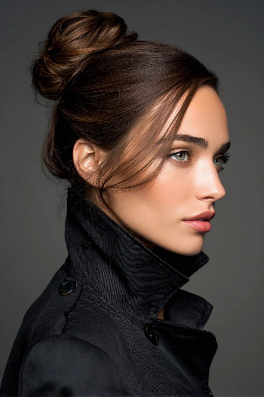 Textured High Bun with Face‑Framing Pieces — Sleek Messy Updo