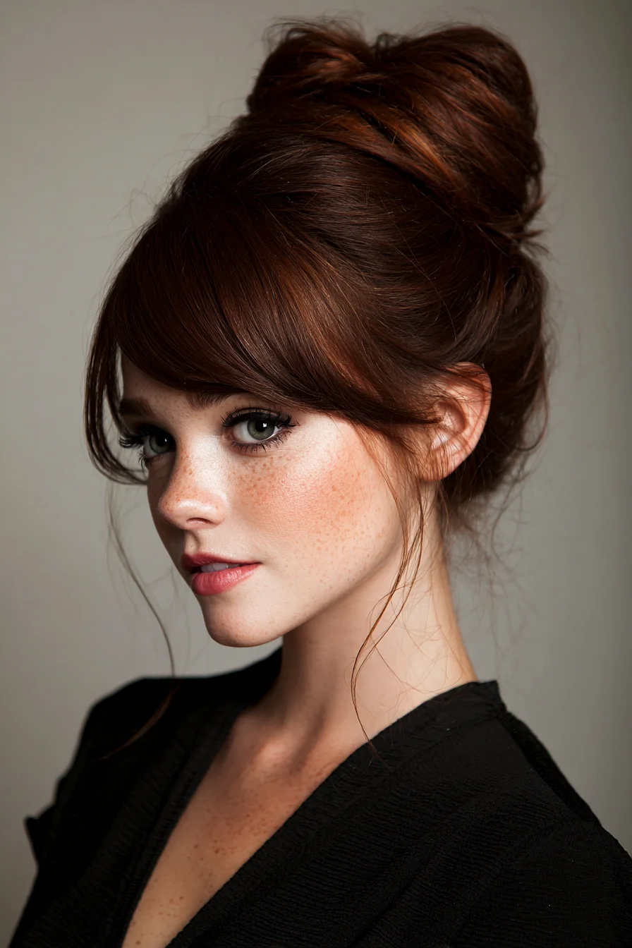 Textured High Bun with Side‑Swept Bangs and Face‑Framing Tendrils