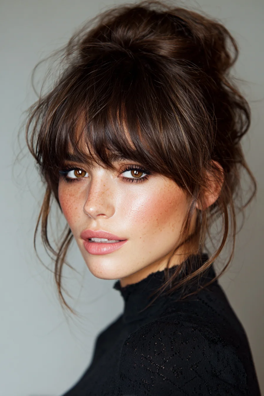 Textured High Messy Bun with Curtain Bangs