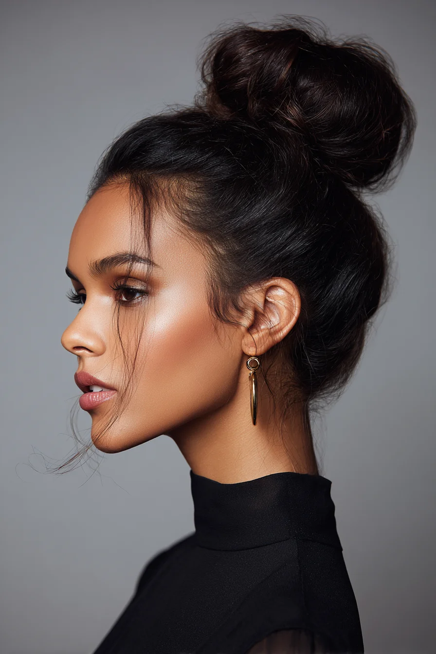 Textured High Messy Bun with Face-Framing Pieces (For Medium to Thick Hair)