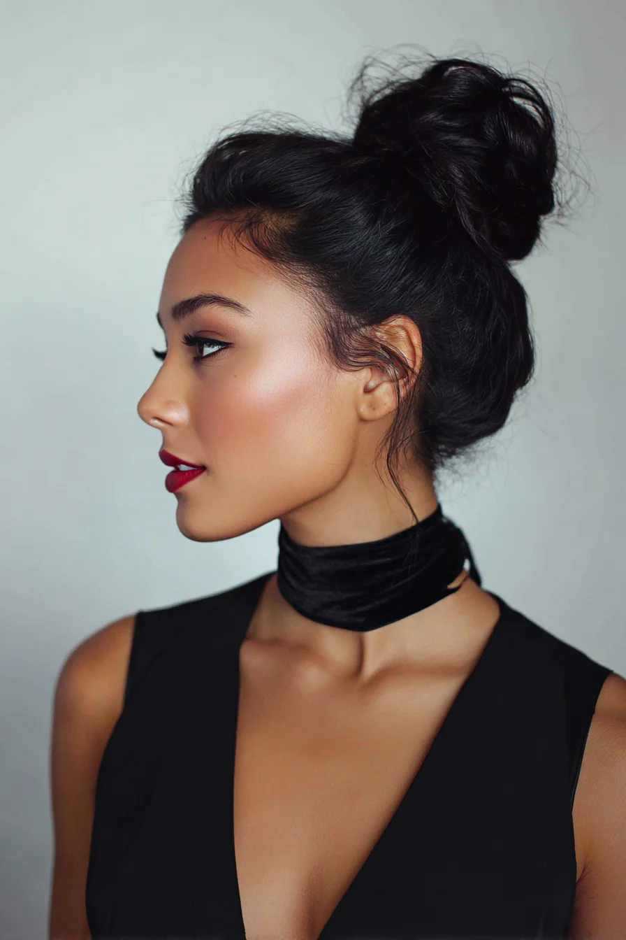 Textured High Messy Bun with Face‑Framing Tendrils
