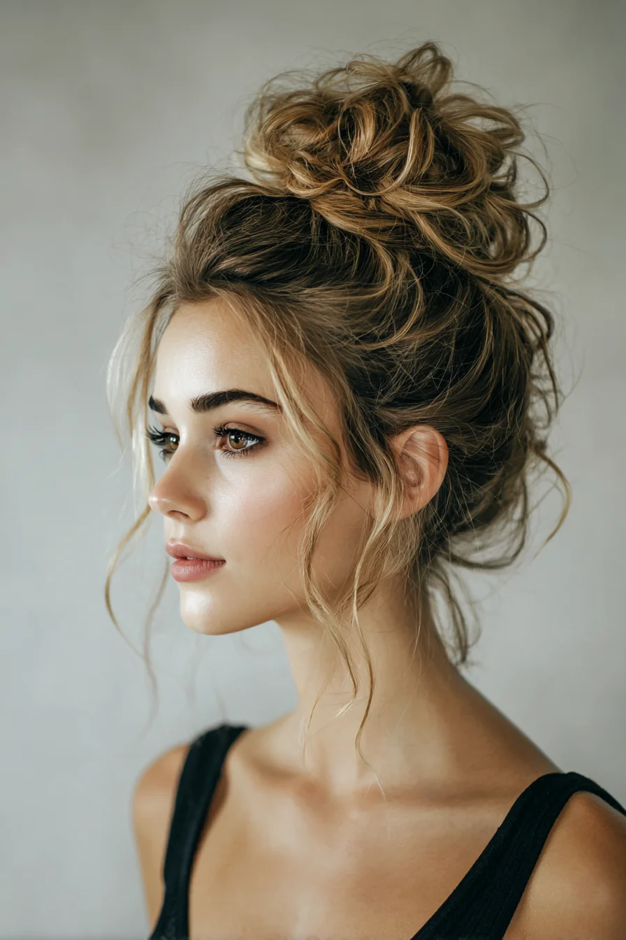 Textured High Messy Bun with Face‑Framing Waves