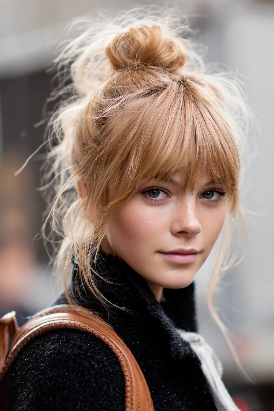 Textured High Messy Bun with Full Fringe — Tousled Updo for Straight/Wavy Hair