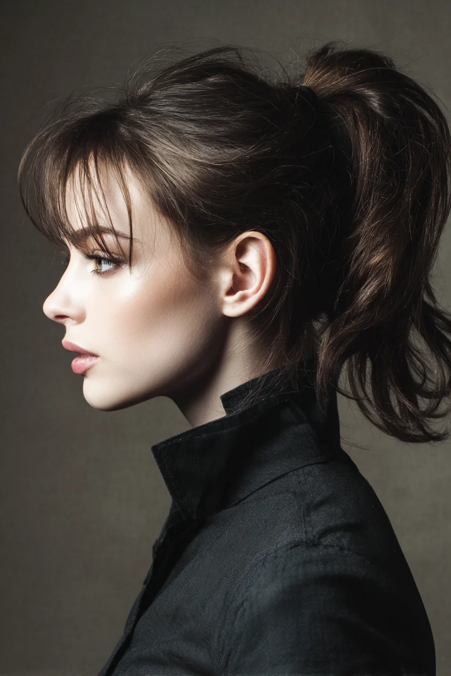 Textured High Ponytail with Face‑Framing Curtain Bangs