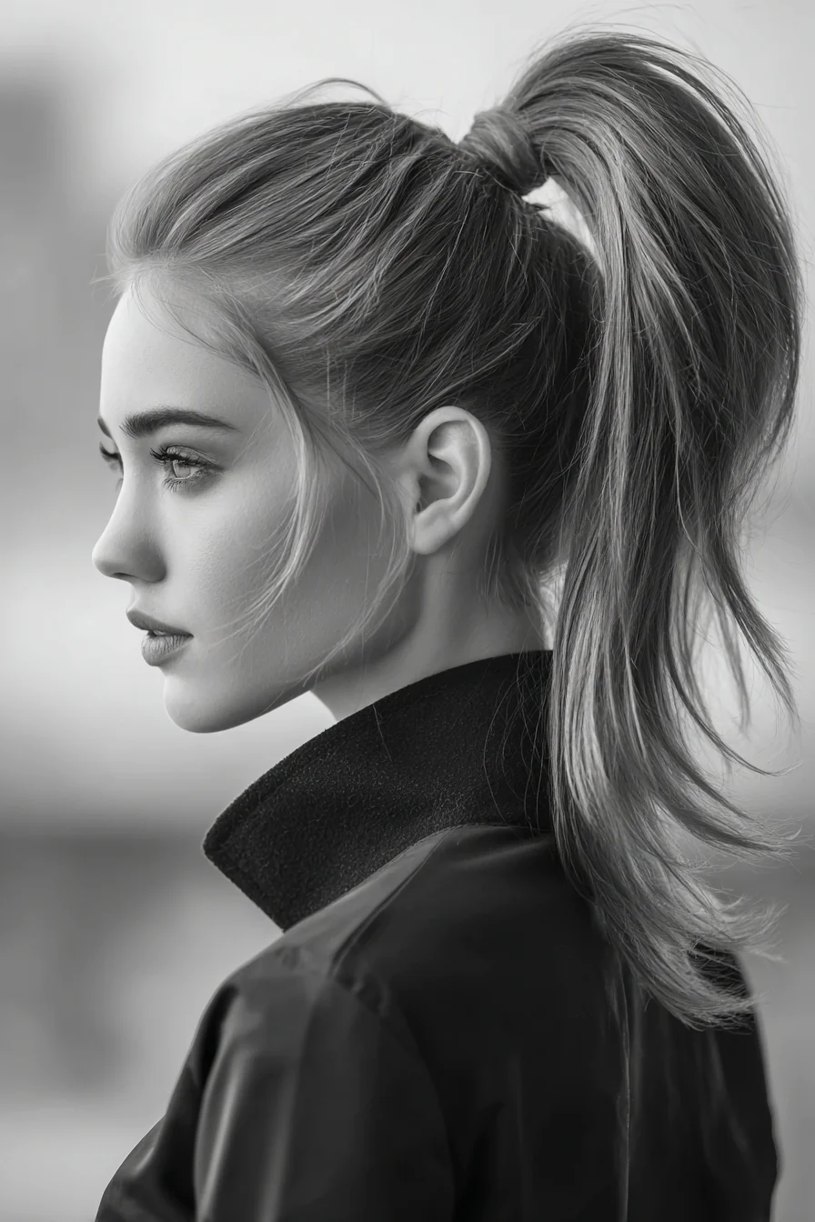 Textured High Ponytail with Face‑Framing Tendrils