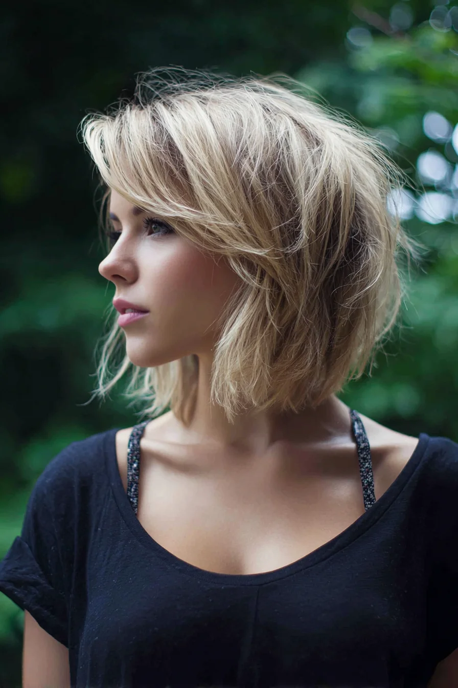 Textured Layered Chin-Length Bob with Side‑Swept Fringe