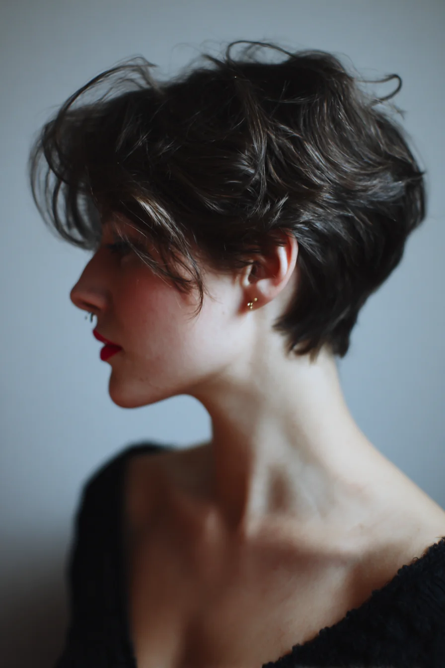Textured Layered Pixie with Side‑Swept Fringe and Tapered Nape