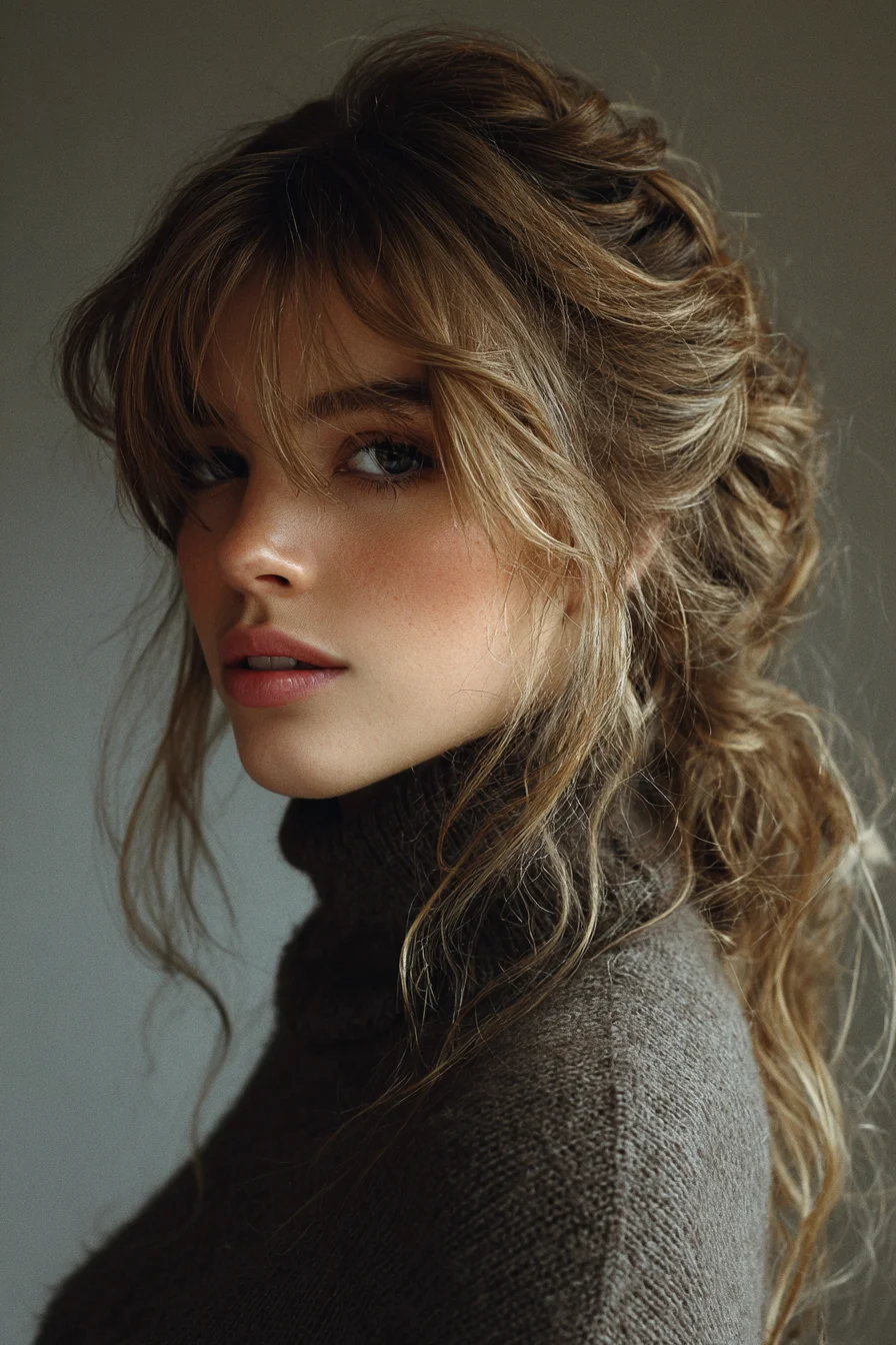 Textured Loose Low Ponytail with Curtain Bangs