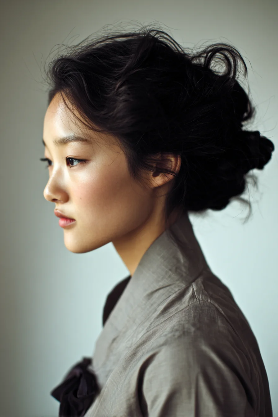 Textured Low Bun Updo with Soft Face‑Framing Tendrils