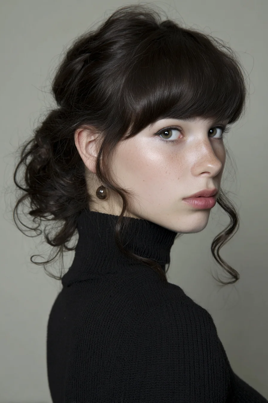 Textured Low Bun with Curtain Bangs and Face‑Framing Tendrils