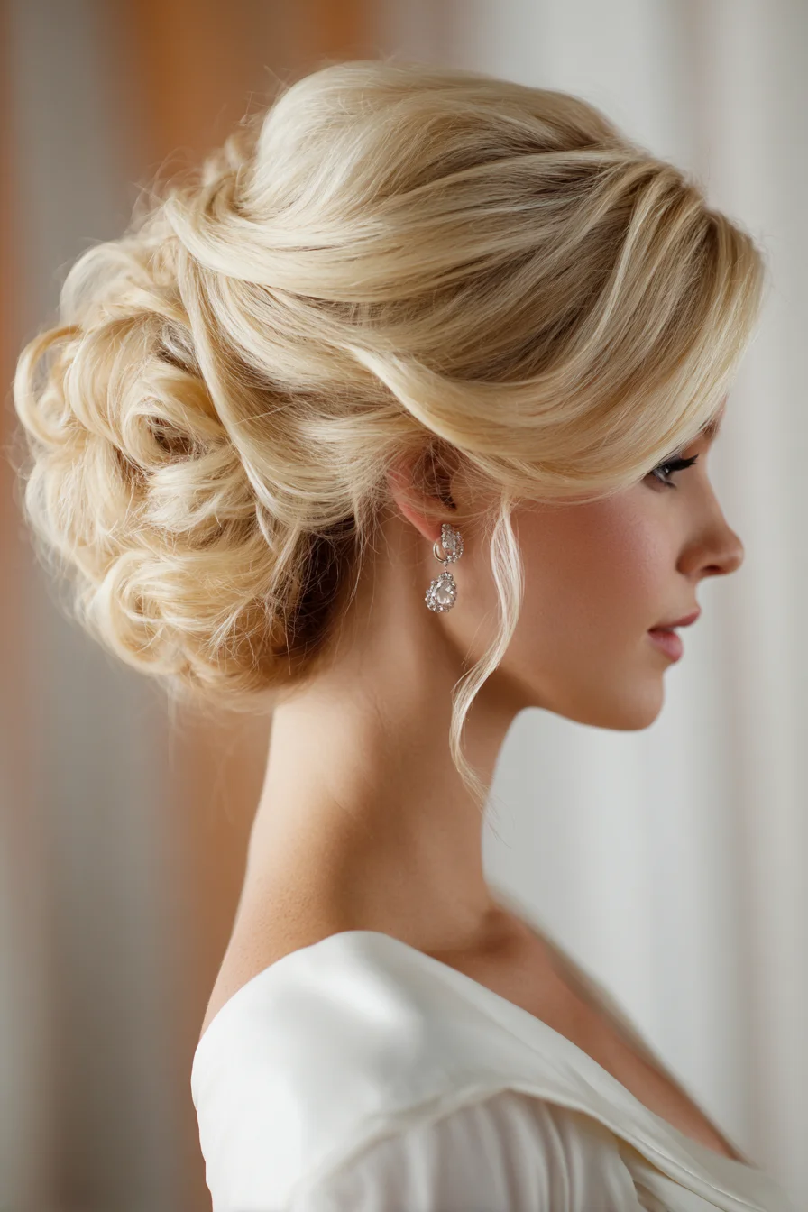 Textured Low Chignon Updo with Face‑Framing Tendrils