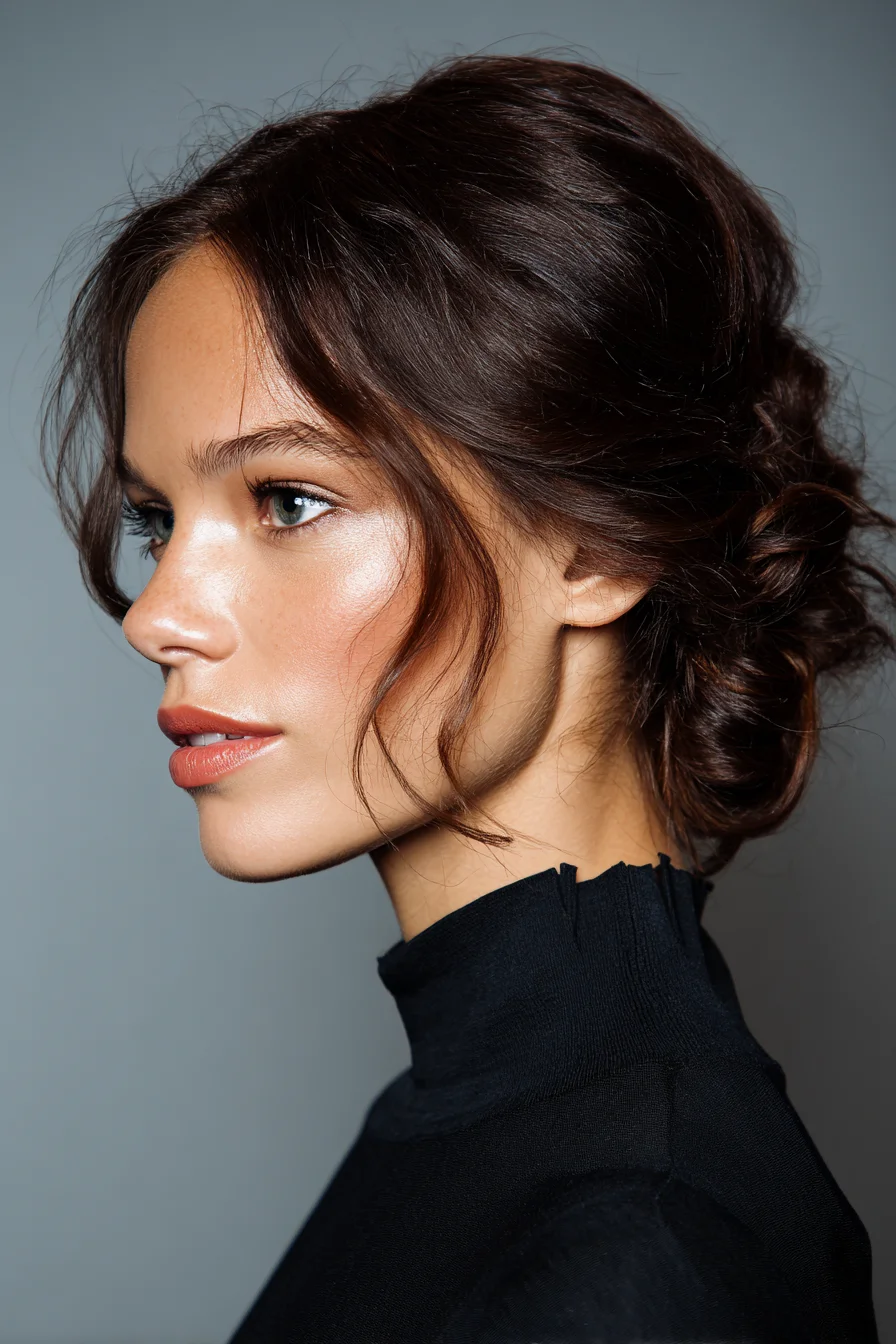 Textured Low Chignon with Face‑Framing Tendrils