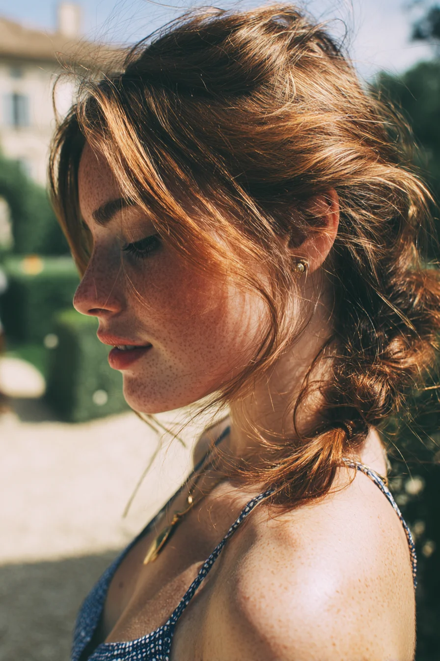 Textured Low Messy Braid with Face‑Framing Tendrils