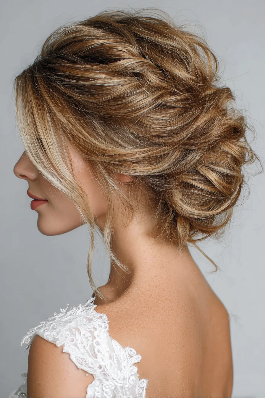 Textured Low Messy Updo with Face-Framing Tendrils