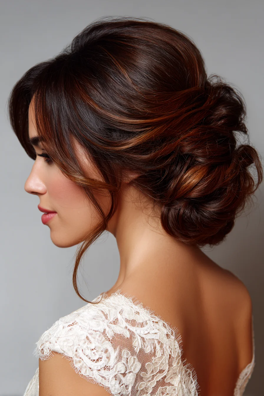 Textured Low Romantic Chignon Updo with Face‑Framing Tendrils