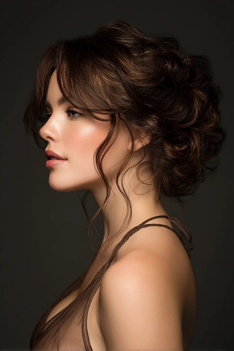 Textured Low Updo with Curtain Bangs
