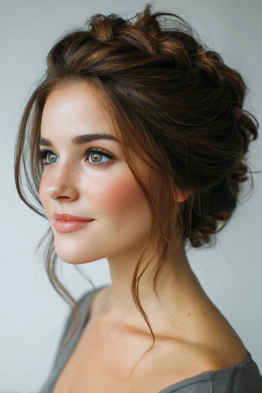 Textured Low Updo with Soft Face‑Framing Tendrils