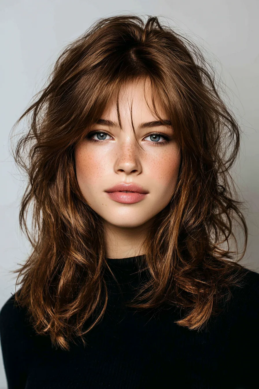 Textured Medium Shag with Soft Curtain Bangs