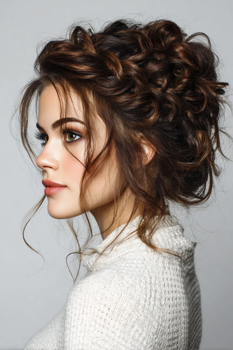 Textured Messy Braided Updo with Face‑Framing Tendrils