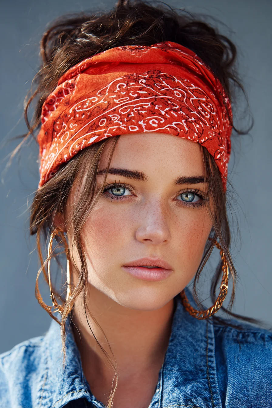 Textured Messy Bun with Bandana Headband and Face‑Framing Tendrils