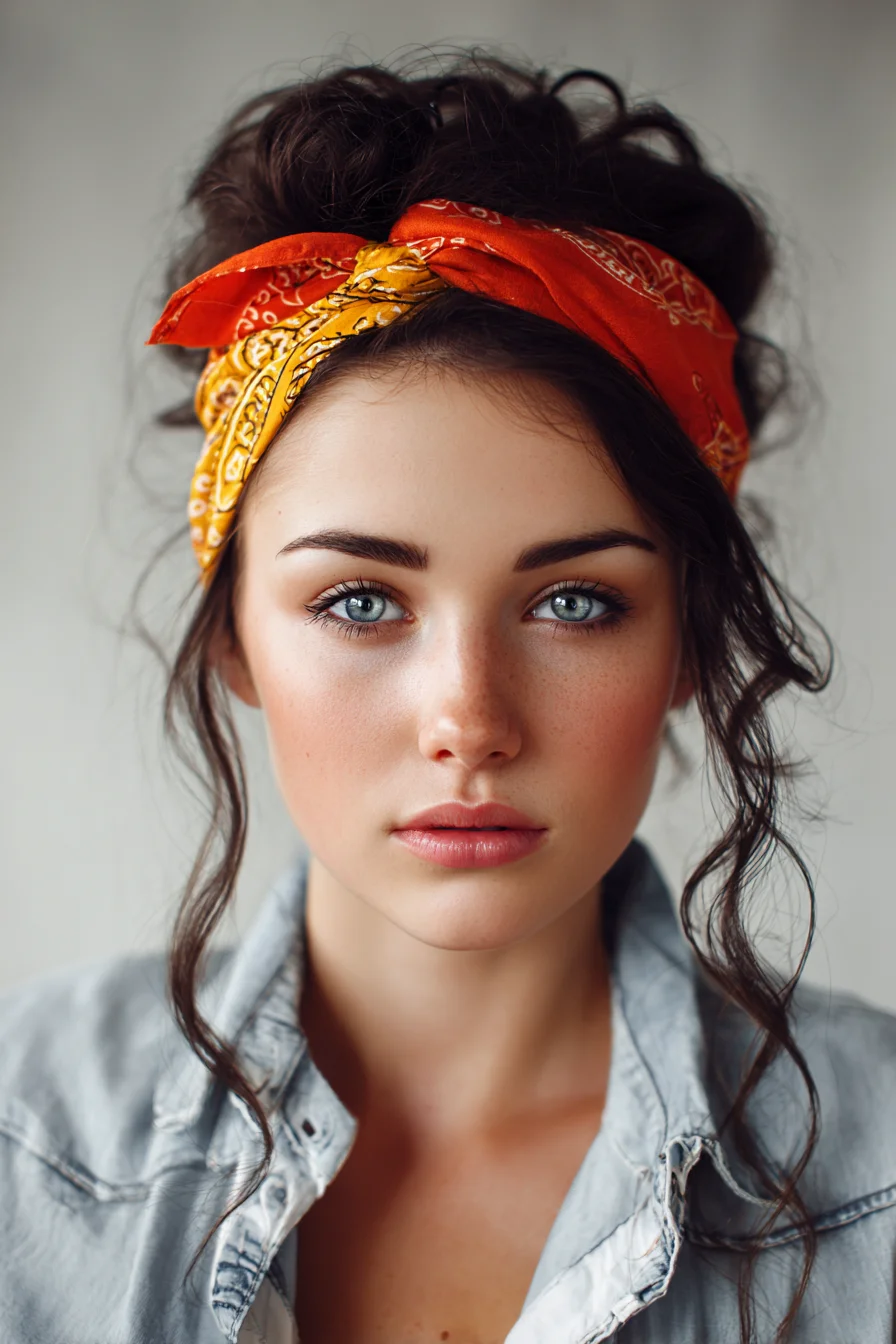 Textured Messy Bun with Bandana — Loose Face‑Framing Waves