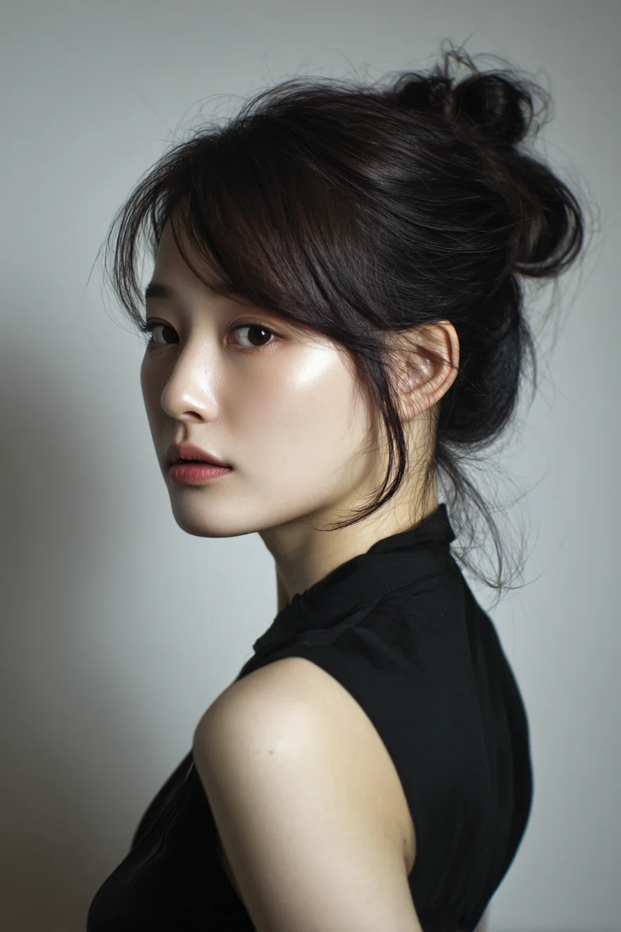Textured Messy Bun with Face‑Framing Bangs