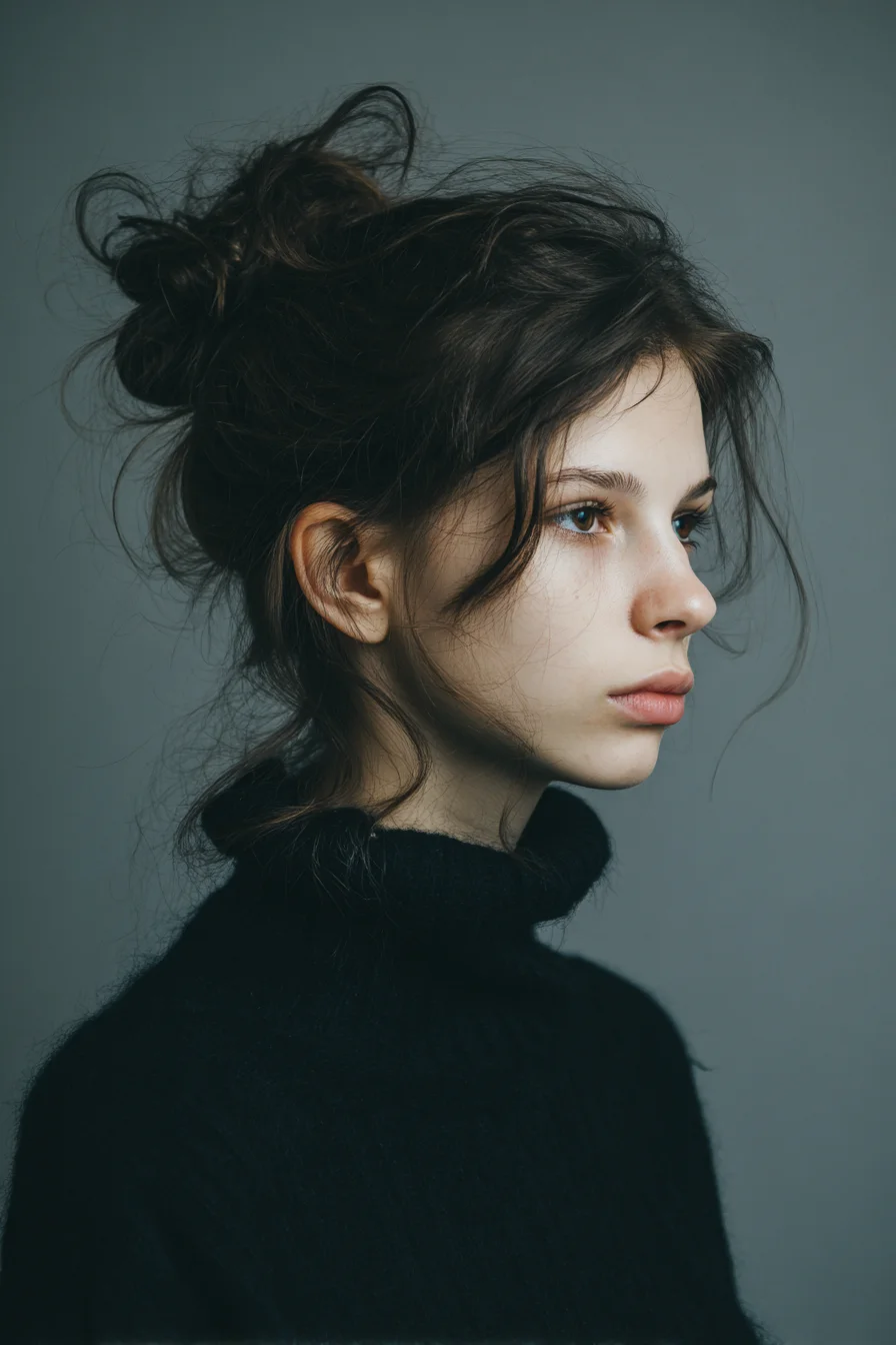 Textured Messy Bun with Face‑Framing Tendrils