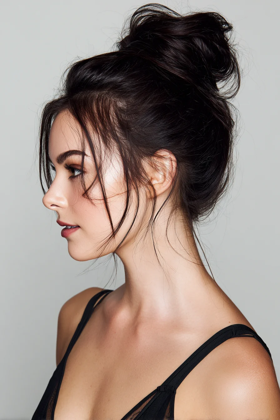 Textured Messy Bun with Face‑Framing Wisps — Soft Updo for Medium to Thick Hair