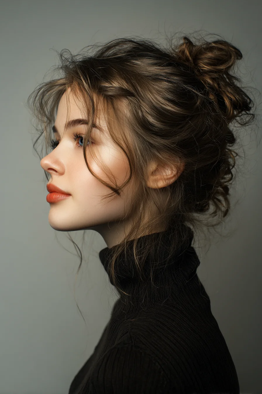 Textured Messy Bun with Soft Face‑Framing Tendrils