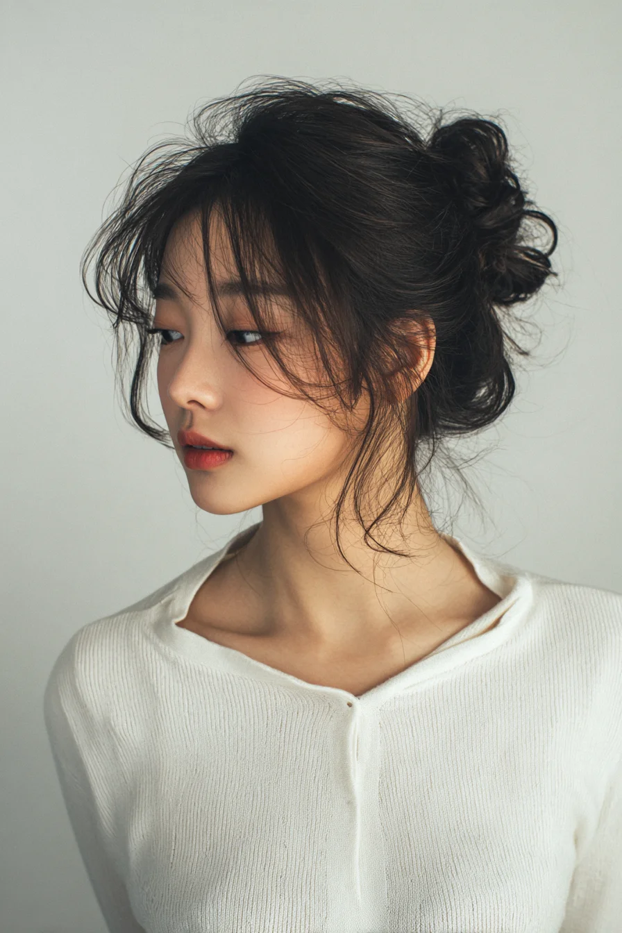 Textured Messy Bun with Wispy Curtain Bangs
