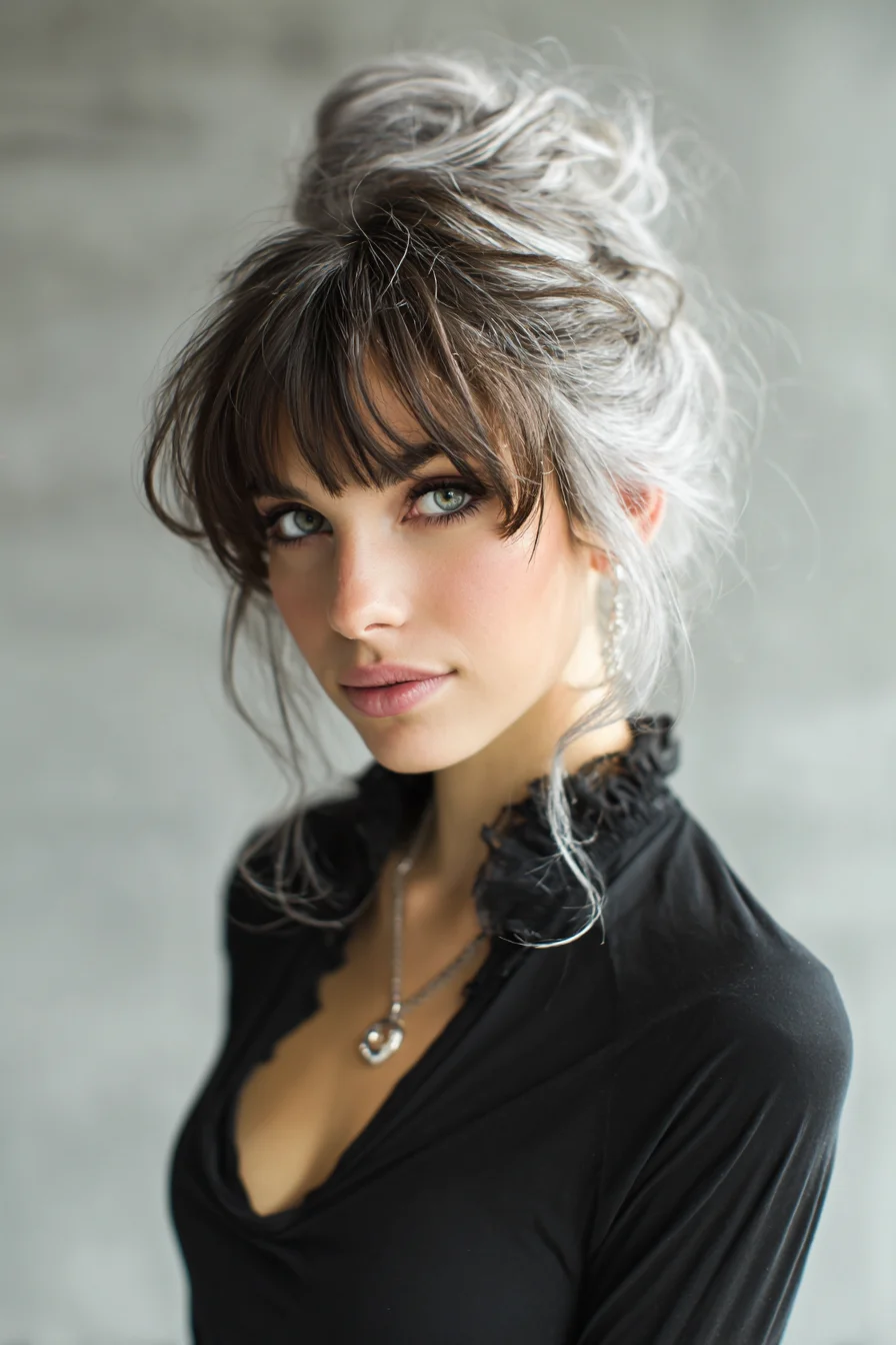 Textured Messy High Bun with Curtain Bangs and Face‑Framing Tendrils