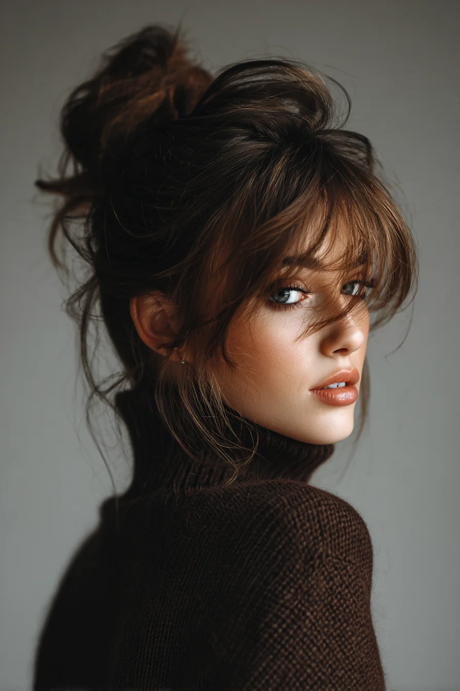 Textured Messy High Bun with Curtain Bangs and Face‑Framing Tendrils