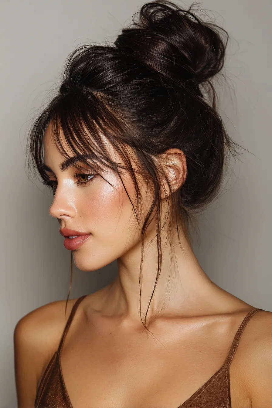 Textured Messy High Bun with Curtain Bangs