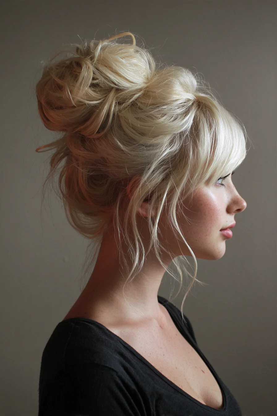 Textured Messy High Bun with Face‑Framing Bangs