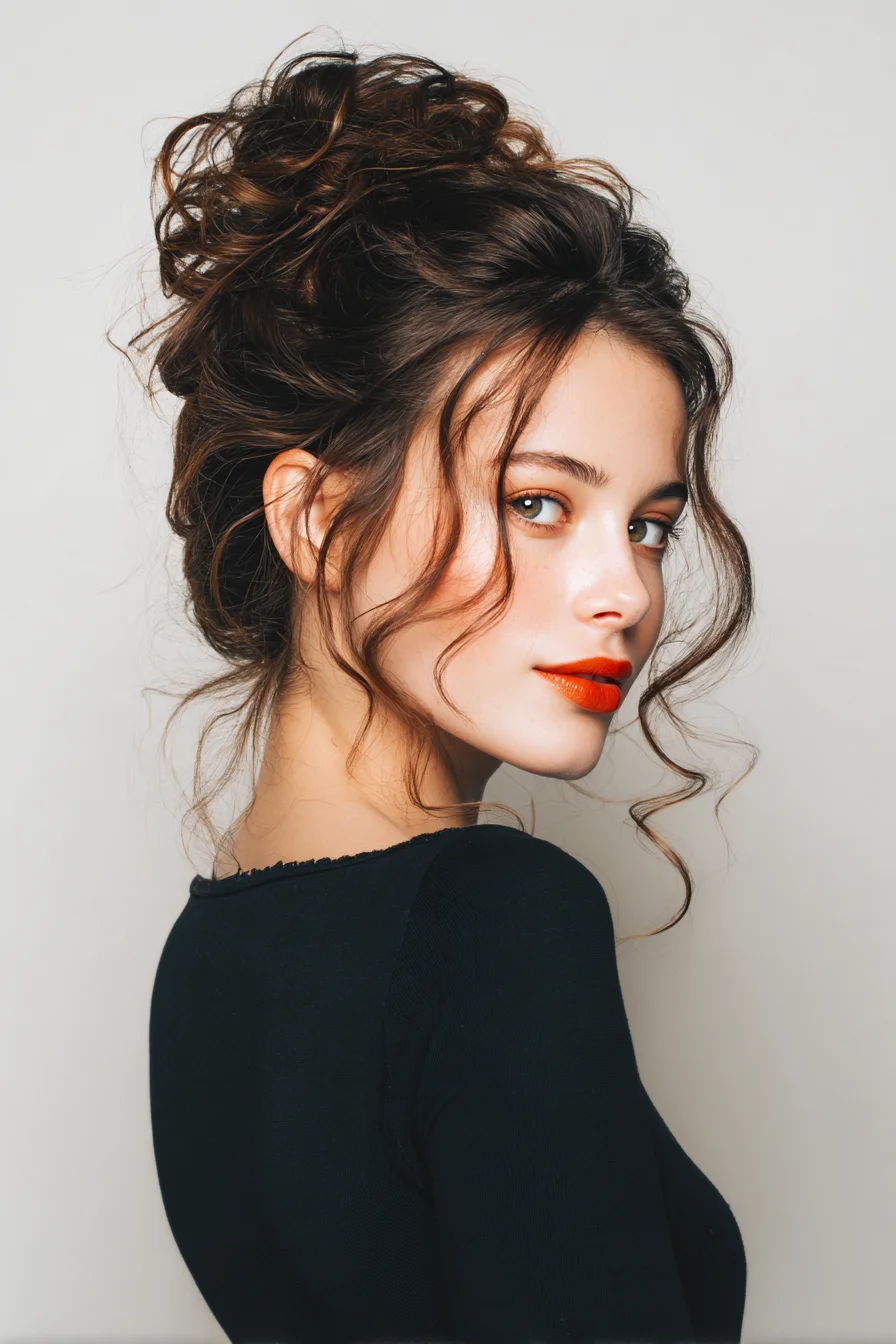 Textured Messy High Bun with Face‑Framing Curls