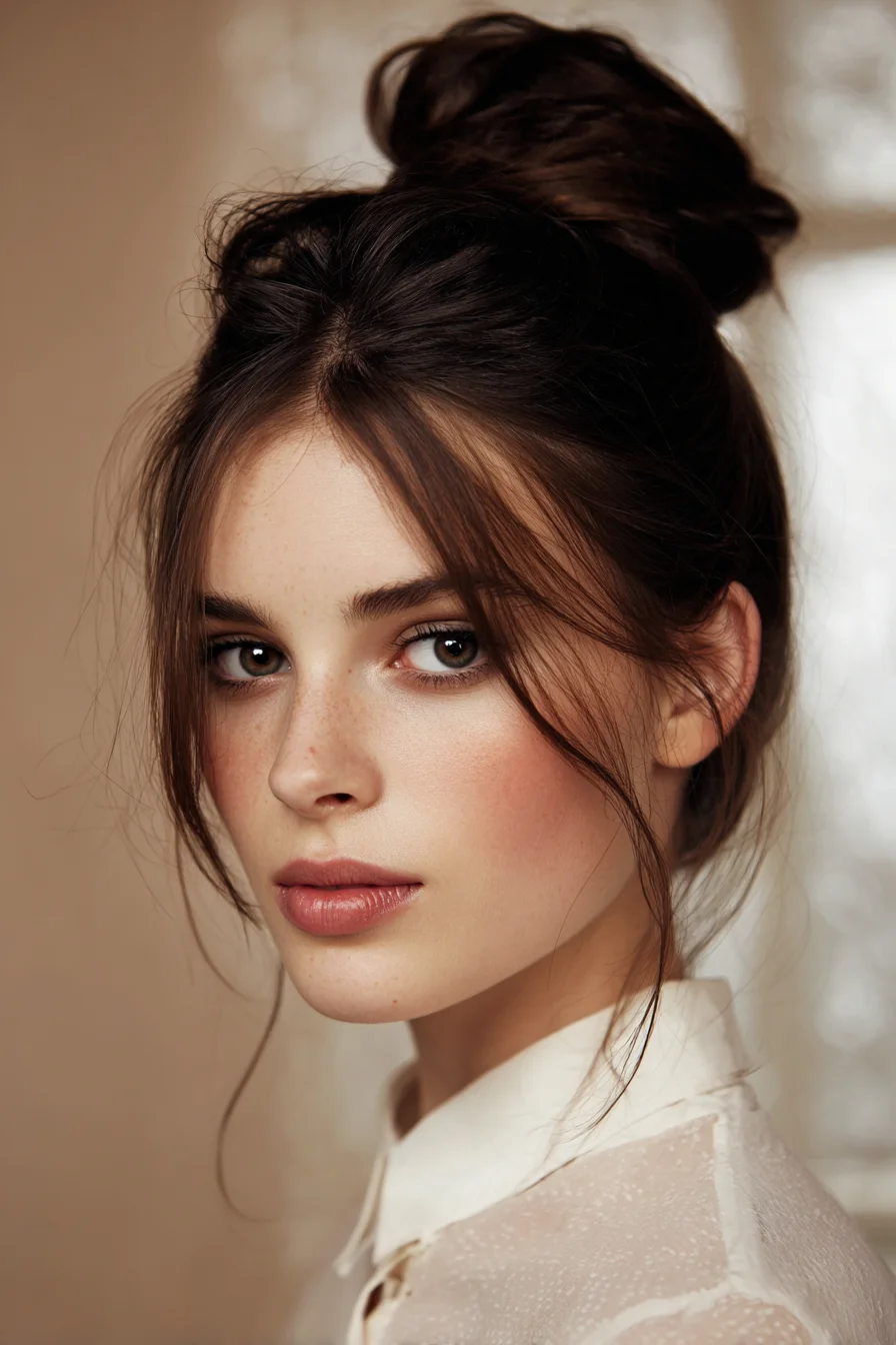 Textured Messy High Bun with Face‑Framing Curtain Bangs
