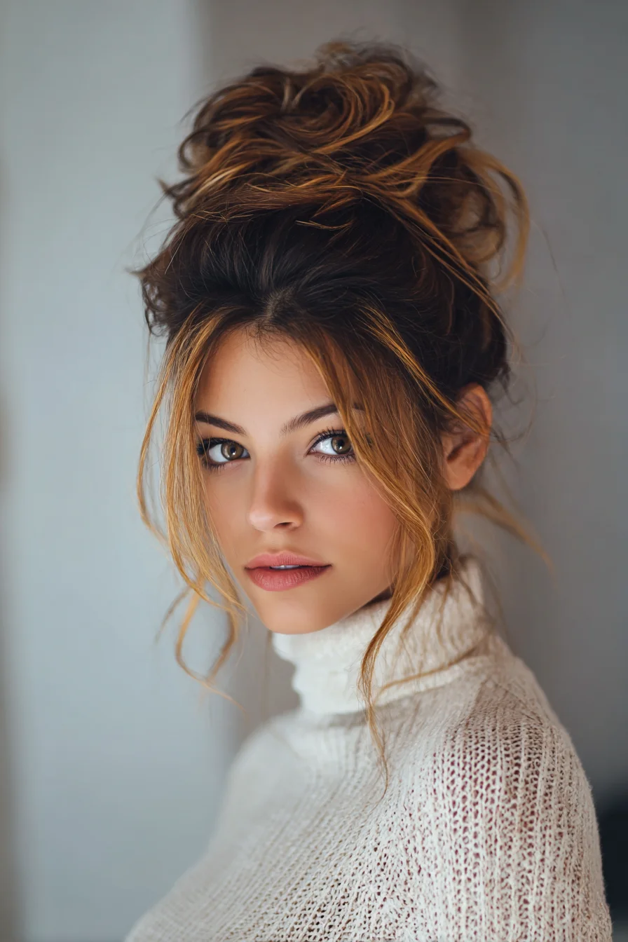 Textured Messy High Bun with Face-Framing Layers
