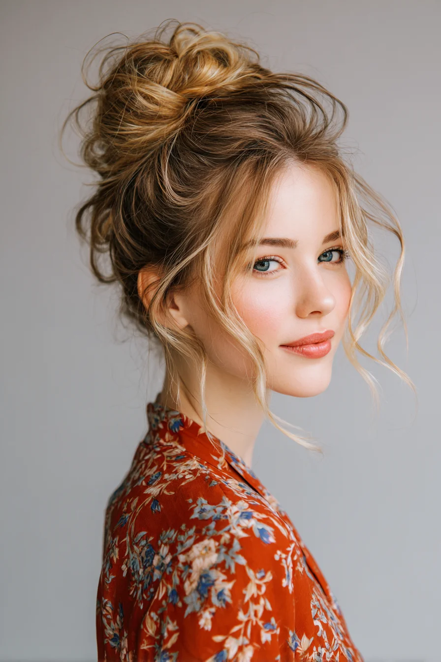 Textured Messy High Bun with Face-Framing Tendrils