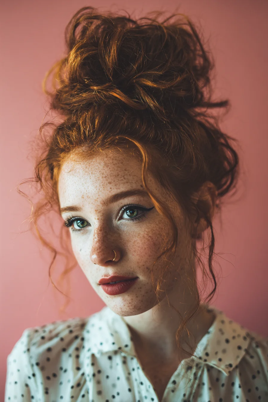 Textured Messy High Bun with Face‑Framing Tendrils — Ideal for Curly/Wavy Hair