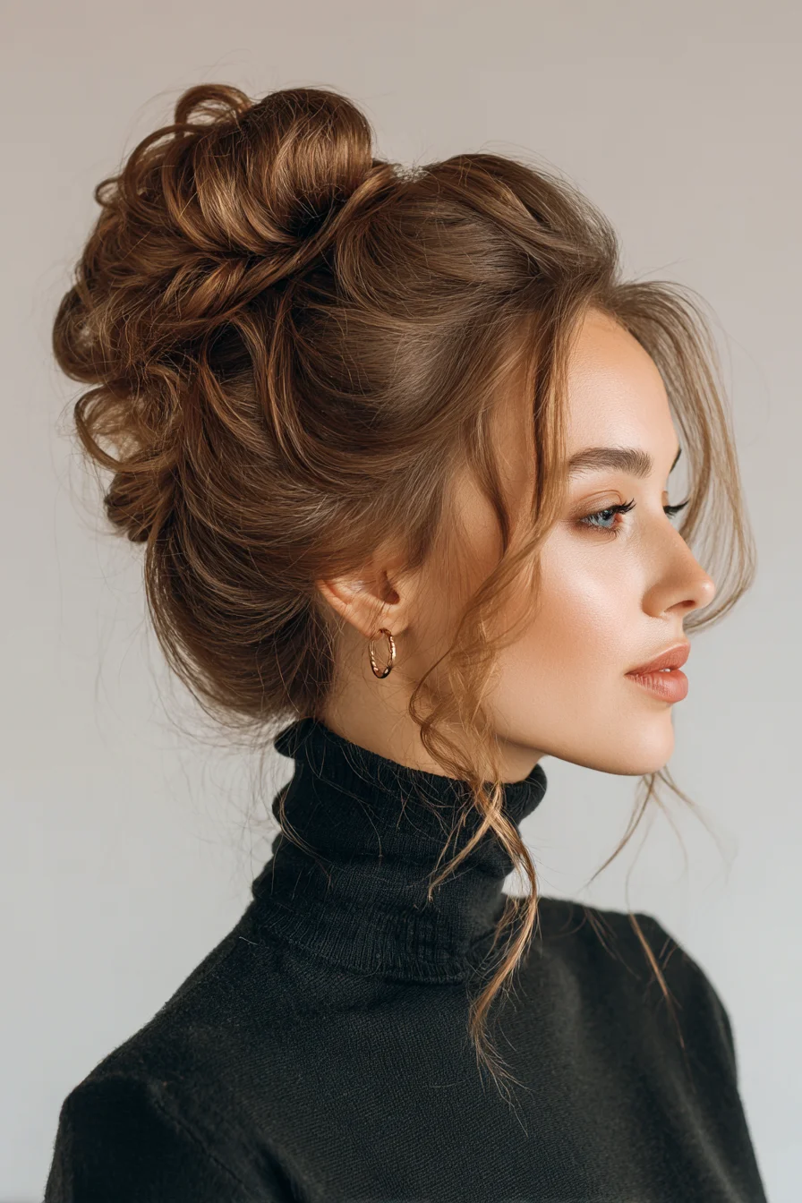 Textured Messy High Bun with Face‑Framing Tendrils — Romantic Loose Updo