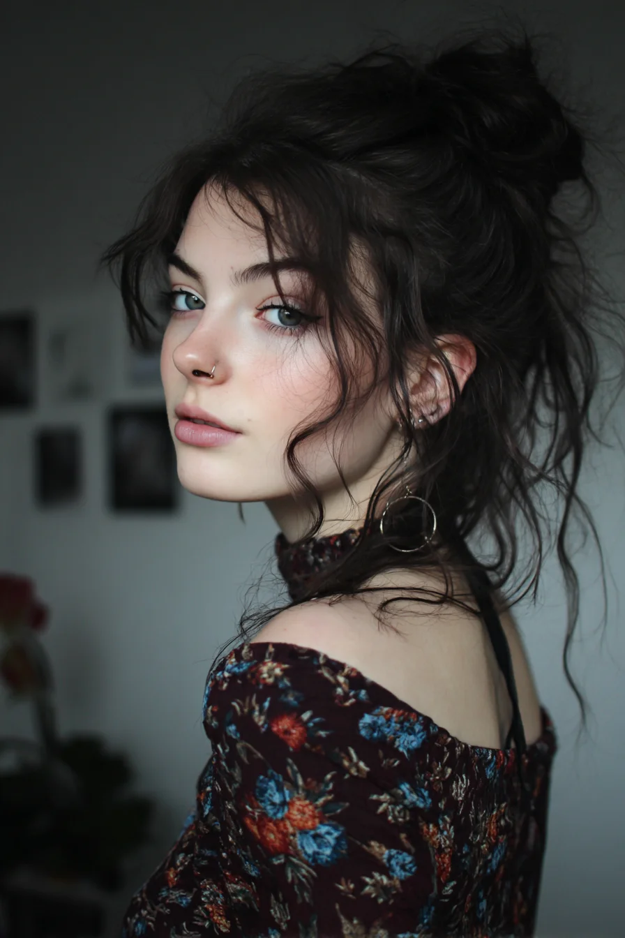 Textured Messy High Bun with Face‑Framing Tendrils — Wavy/Curly Texture